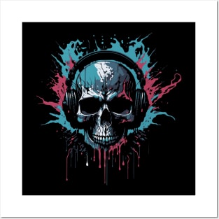 colorful skull with headphones Posters and Art